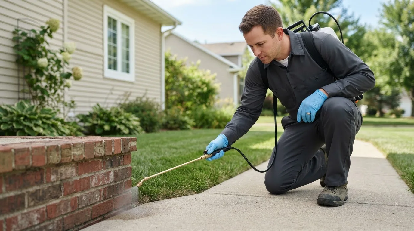 Pest control technician treating a home near Amsterdam, OH