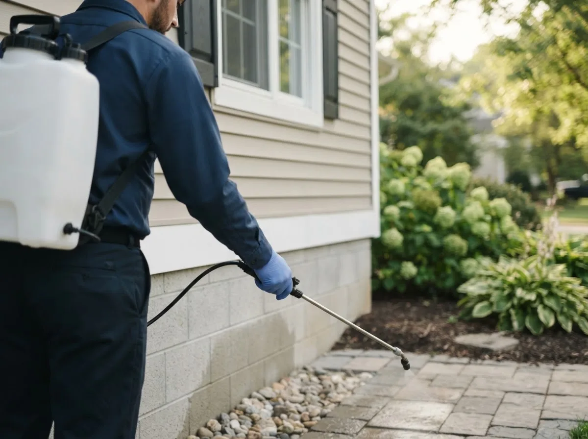 Pest control technician inspecting a home in Amsterdam, OH
